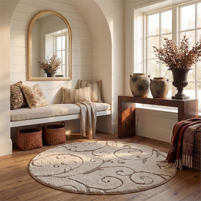 Bowery Hill Contemporary 8' X 8' Round Rug in Cream and Beige