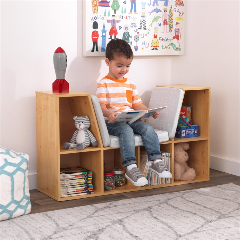 Bowery Hill Contemporary 6 Cubby Bookcase with Reading Nook in Natural