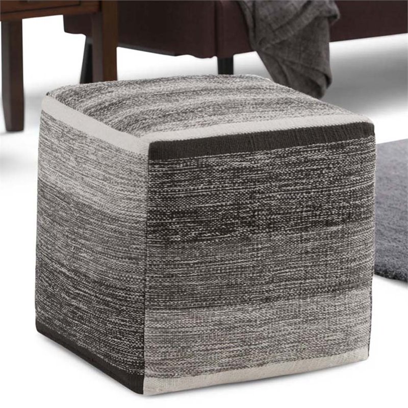 Bowery Hill Contemporary Boho Cube Pouf in Patterned Gray Melange Cotton
