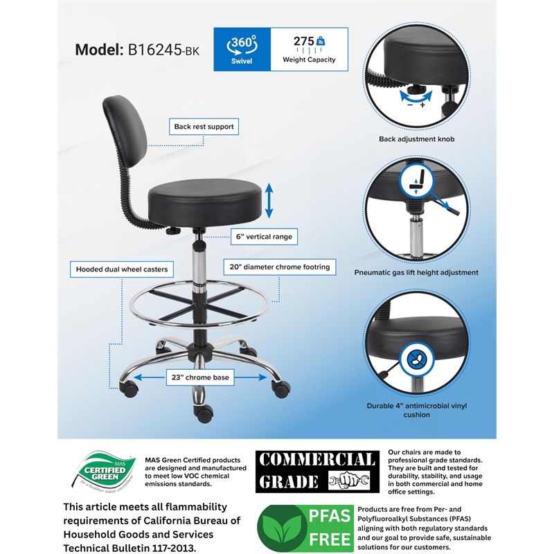Bowery Hill Contemporary Vinyl Mid-Back Medical/Drafting Stool in Black
