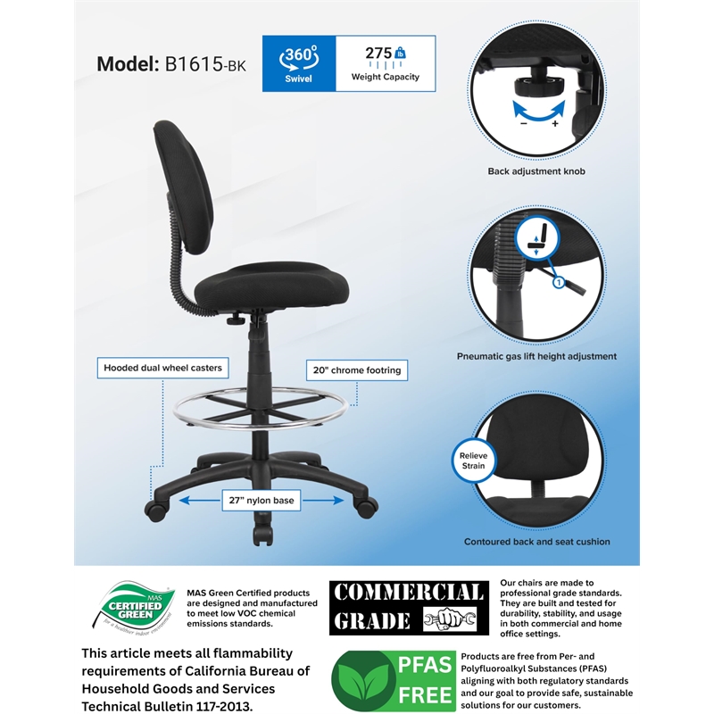 Bowery Hill Contoured Comfort Rolling Fabric Drafting Stool in Black