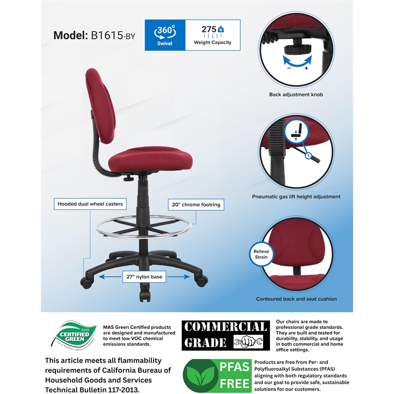 Bowery Hill Contoured Comfort Rolling Fabric Drafting Stool in Burgundy