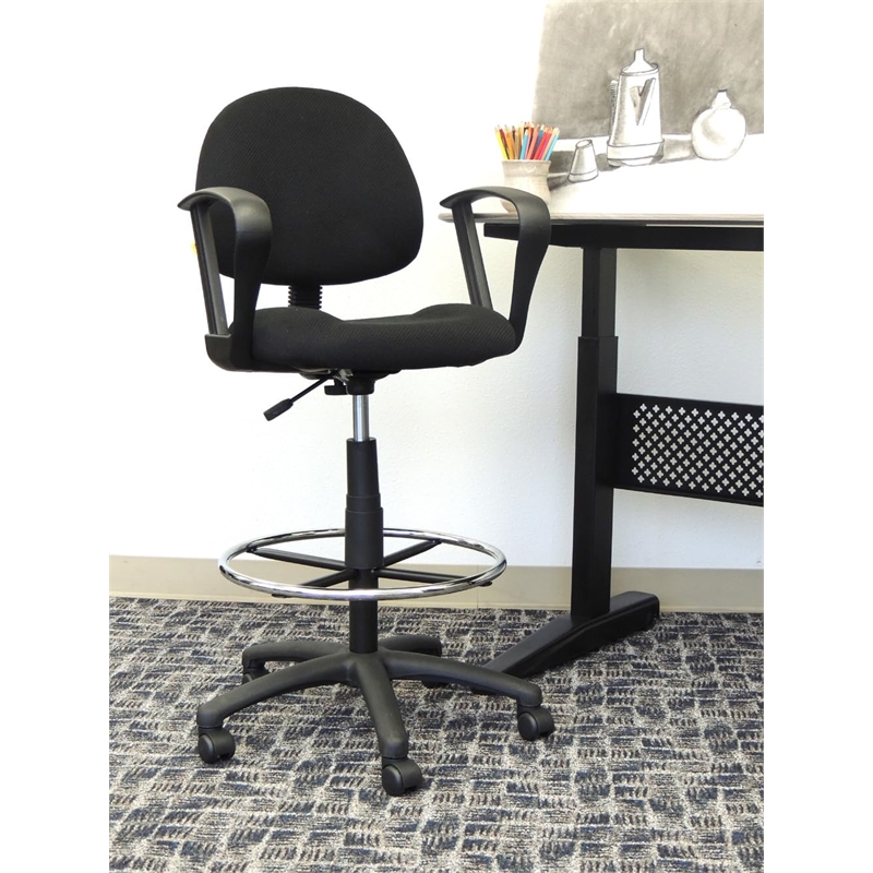 Bowery Hill Contoured Comfort Fabric Drafting Stool with Loop Arms in Black