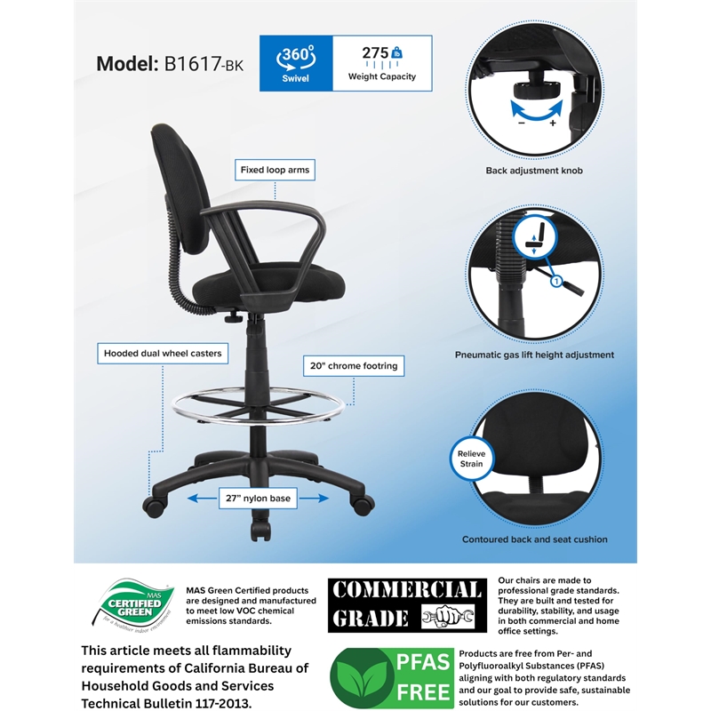 Bowery Hill Contoured Comfort Fabric Drafting Stool with Loop Arms in Black