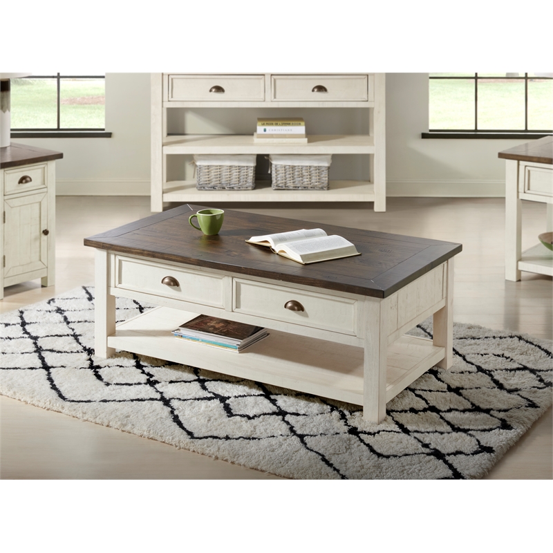 Bowery Hill Wood 2 Drawer Coffee Table Cream White and Brown