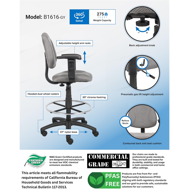 Bowery Hill Contoured Comfort Rolling Fabric Drafting Stool with Arms in Gray