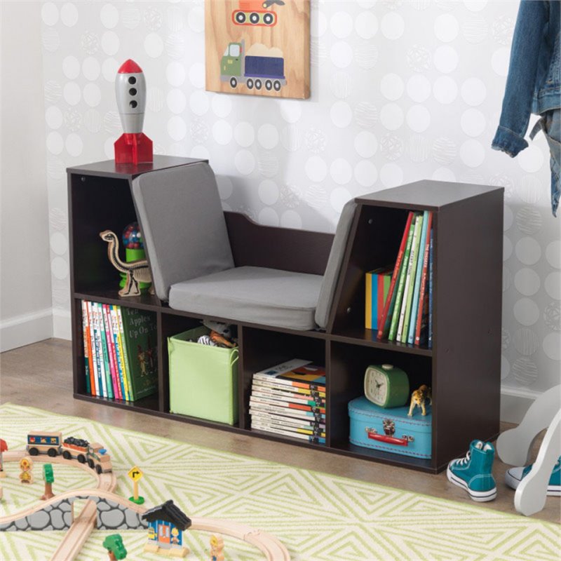 Bowery Hill 6 Cubby Bookcase with Reading Nook in Espresso Fabric