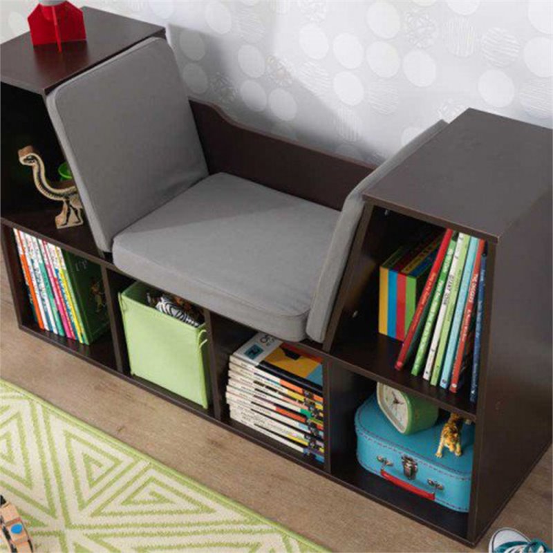 Bowery Hill 6 Cubby Bookcase with Reading Nook in Espresso Fabric
