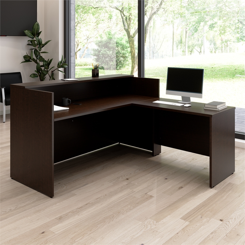 Bowery Hill 72Wx72D Engineered Wood L Reception Desk with Shelf in Mocha Cherry