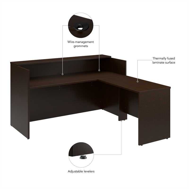Bowery Hill 72Wx72D Engineered Wood L Reception Desk with Shelf in Mocha Cherry