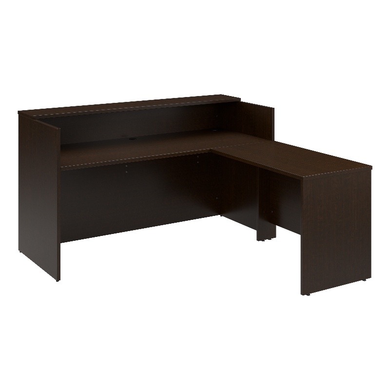 Bowery Hill 72Wx72D Engineered Wood L Reception Desk with Shelf in Mocha Cherry