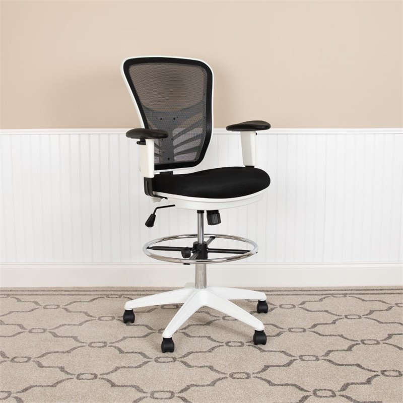 Bowery Hill Contemporary Mid Back Mesh Drafting Stool in Black and White