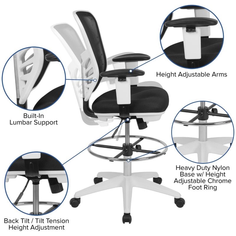 Bowery Hill Contemporary Mid Back Mesh Drafting Stool in Black and White