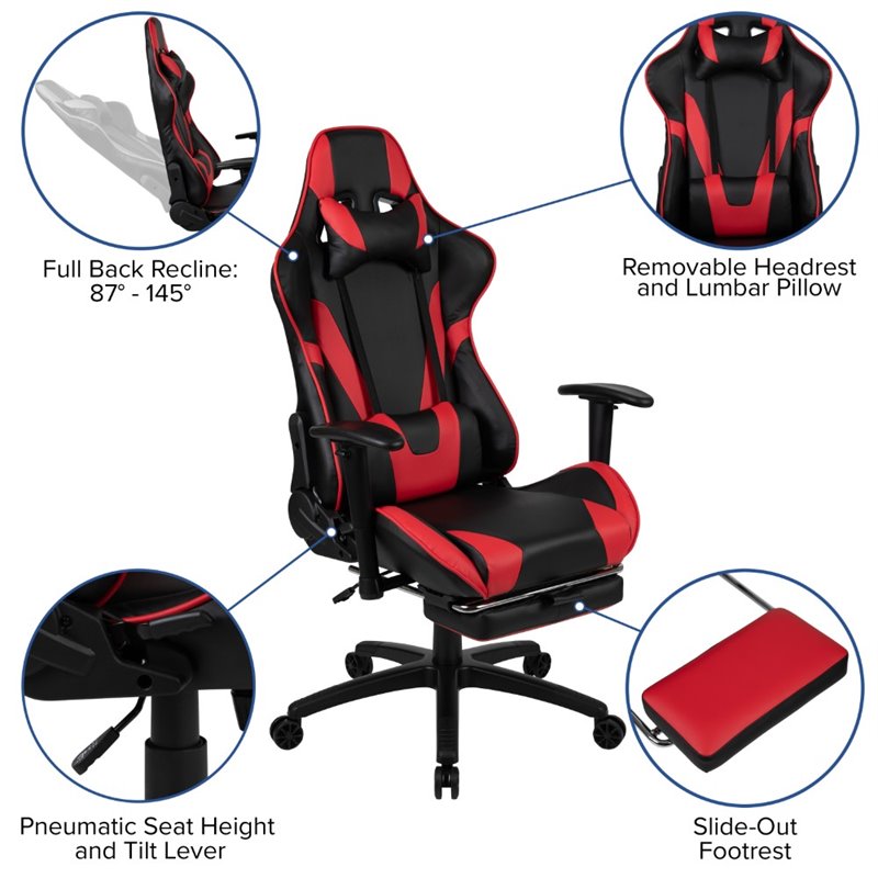 Bowery Hill Leather Racing Swivel Reclining Gaming Chair in Black and Red