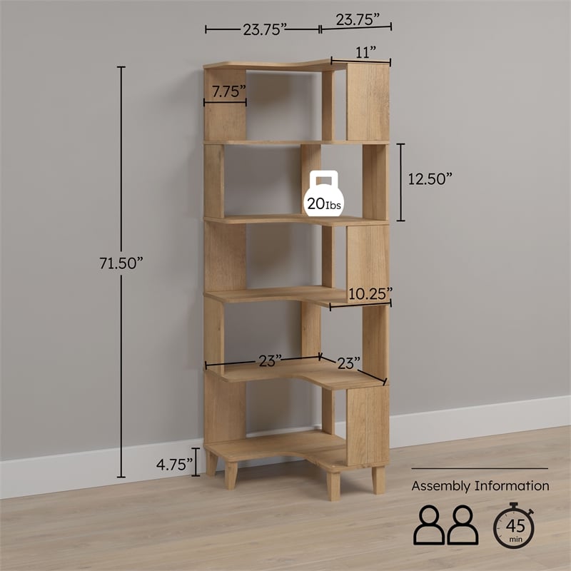 Bowery Hill 6-Tier Natural Oak Modern Mid Century Corner Bookcase