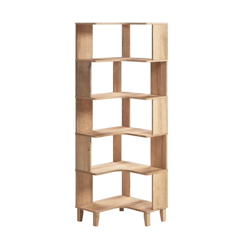 Bowery Hill 6-Tier Natural Oak Modern Mid Century Corner Bookcase