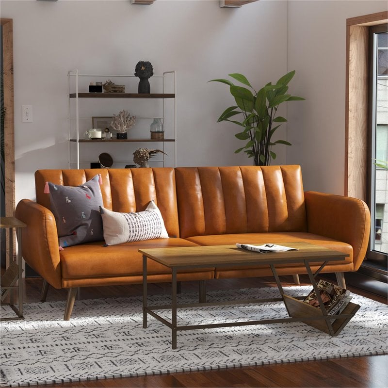 Bowery Hill Futon in Convertible Sofa & Couch in Camel Faux Leather