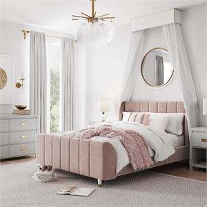 Bowery Hill Mid-Century Full Fabric Upholstered Bed in Pink Velvet