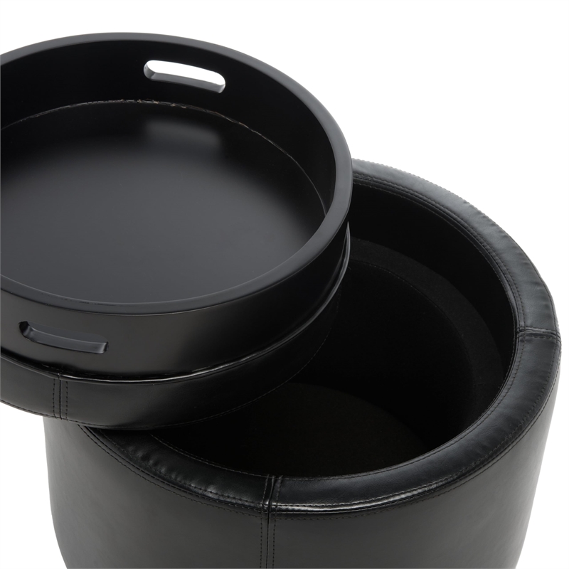 Bowery Hill Contemporary Round Tray Leather Ottoman in Brown