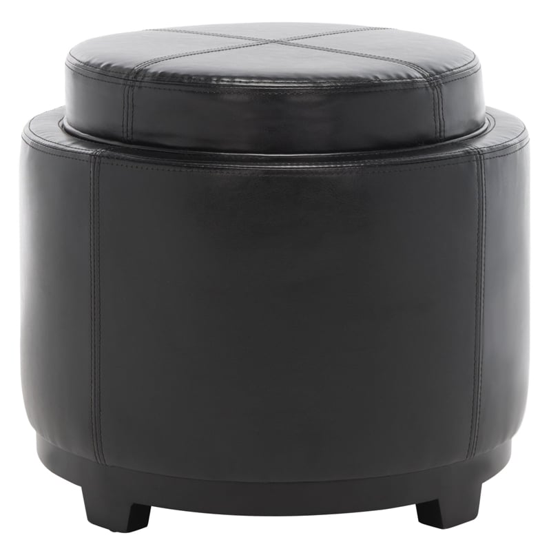 Bowery Hill Contemporary Round Tray Leather Ottoman in Brown