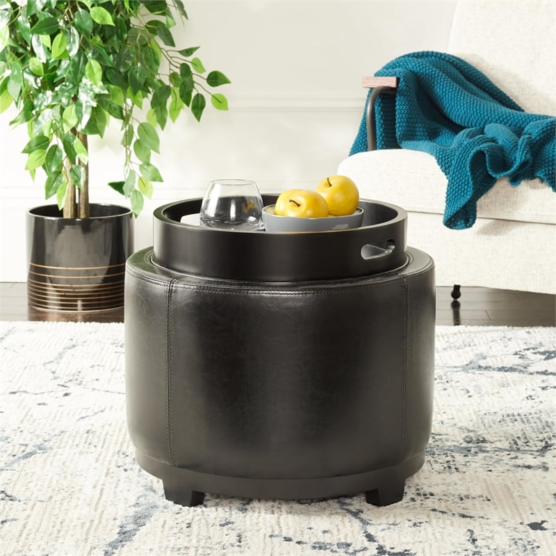 Bowery Hill Contemporary Round Tray Leather Ottoman in Brown