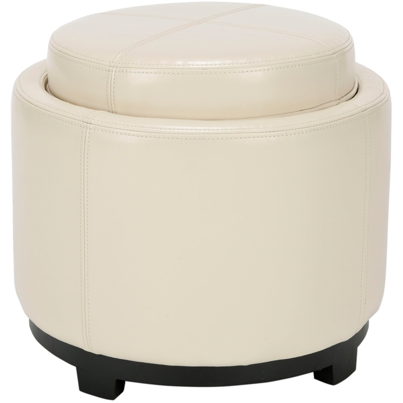Bowery Hill Single Tray Leather Storage Round Ottoman in White