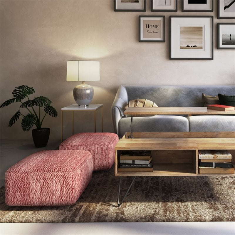 Bowery Hill Boho Square Pouf in Patterned Maroon Melange Cotton