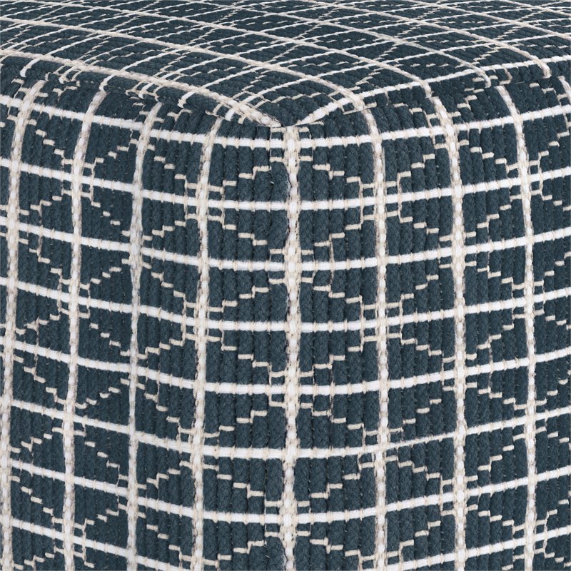 Bowery Hill Boho Square Pouf in Dark Blue and White Handloom Woven Pattern