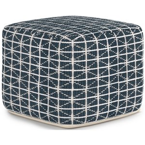 Bowery Hill Boho Square Pouf in Dark Blue and White Handloom Woven Pattern