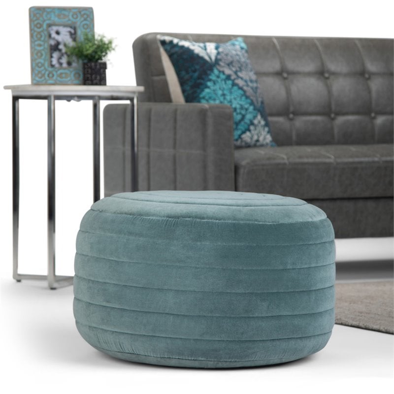Bowery Hill Contemporary Boho Round Pouf in Turquoise Velvet Fabric