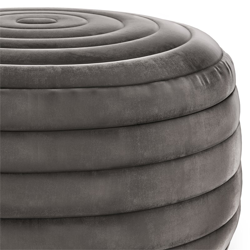Bowery Hill Contemporary Boho Round Pouf in Gray Velvet Fabric