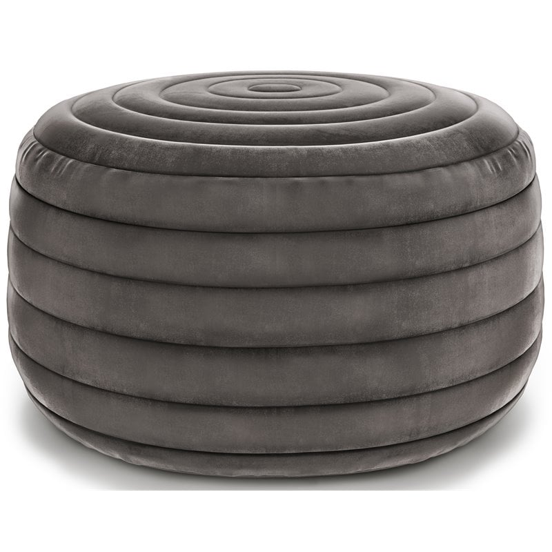 Bowery Hill Contemporary Boho Round Pouf in Gray Velvet Fabric