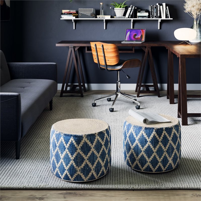 Bowery Hill Boho Round Pouf in Classic Blue and Natural Woven Braided Jute