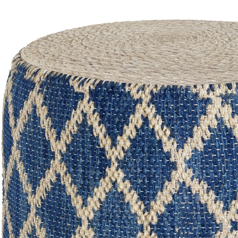 Bowery Hill Boho Round Pouf in Classic Blue and Natural Woven Braided Jute