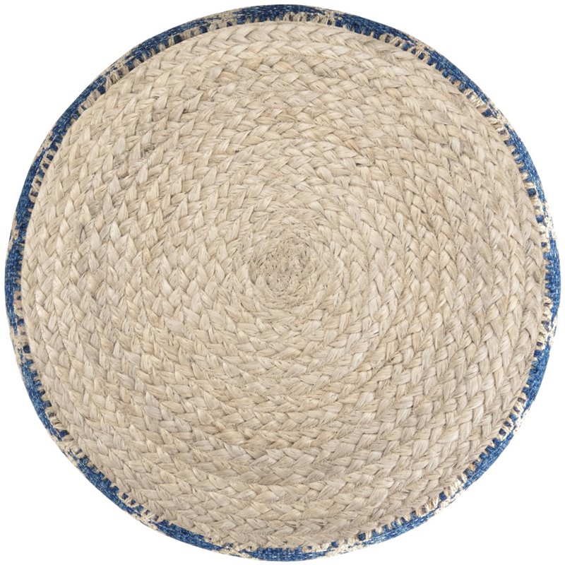 Bowery Hill Boho Round Pouf in Classic Blue and Natural Woven Braided Jute
