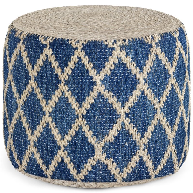 Bowery Hill Boho Round Pouf in Classic Blue and Natural Woven Braided Jute