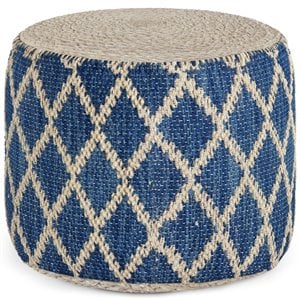 Bowery Hill Boho Round Pouf in Classic Blue and Natural Woven Braided Jute