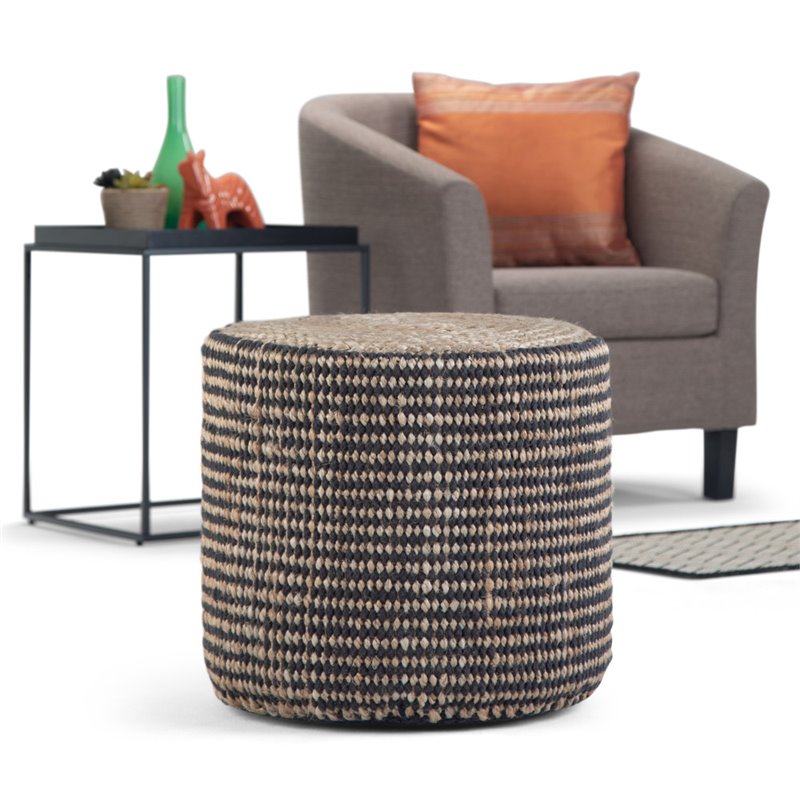 Bowery Hill Contemporary Boho Round Braided Pouf in Natural Jute