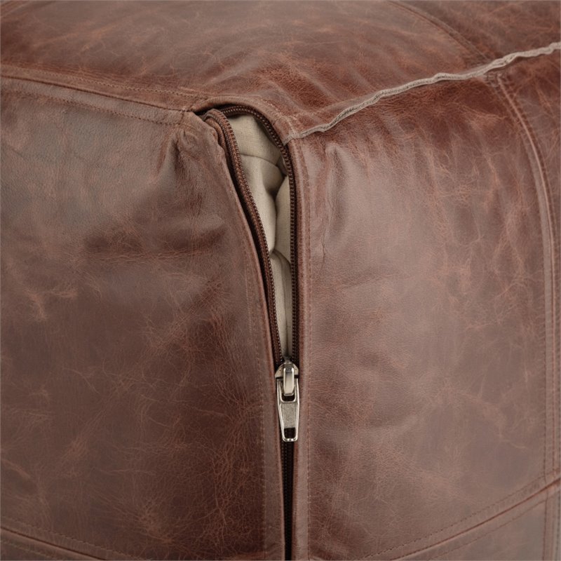 Bowery Hill Contemporary Boho Square Pouf in Brown Genuine Leather