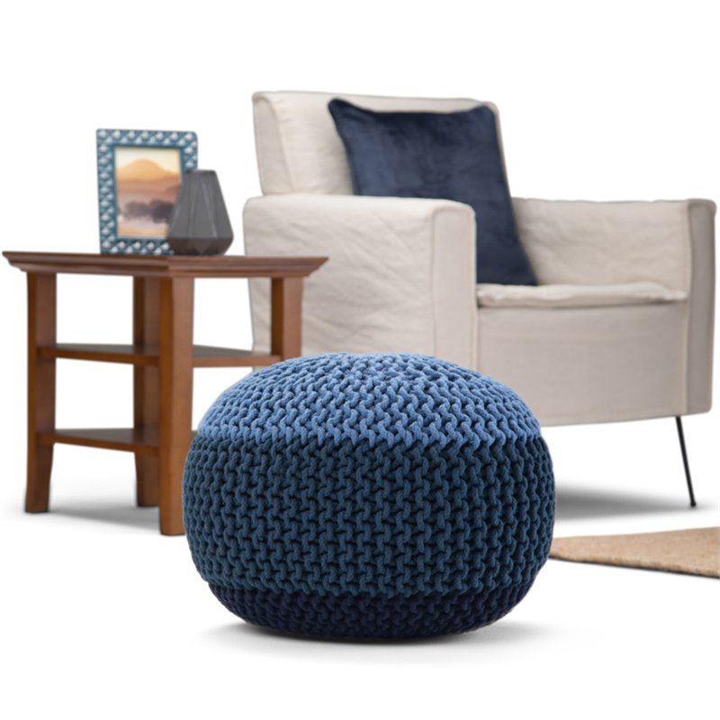 Bowery Hill Boho Round Hand Knit Pouf in Blue and Navy Blue Cotton