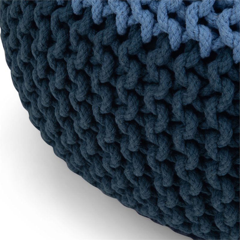 Bowery Hill Boho Round Hand Knit Pouf in Blue and Navy Blue Cotton