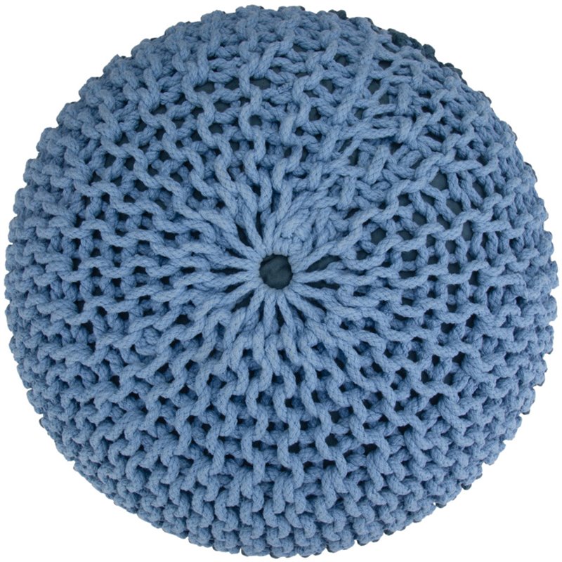 Bowery Hill Boho Round Hand Knit Pouf in Blue and Navy Blue Cotton