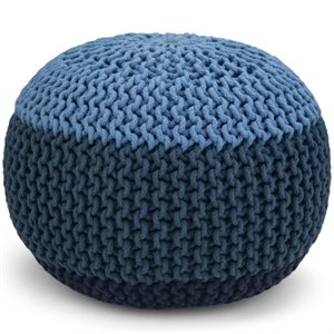 Bowery Hill Boho Round Hand Knit Pouf in Blue and Navy Blue Cotton