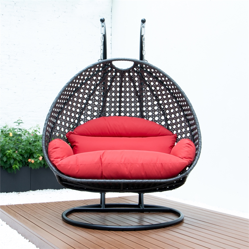 Bowery Hill Outdoor Charcoal Wicker Hanging Double Egg Swing Chair in Red