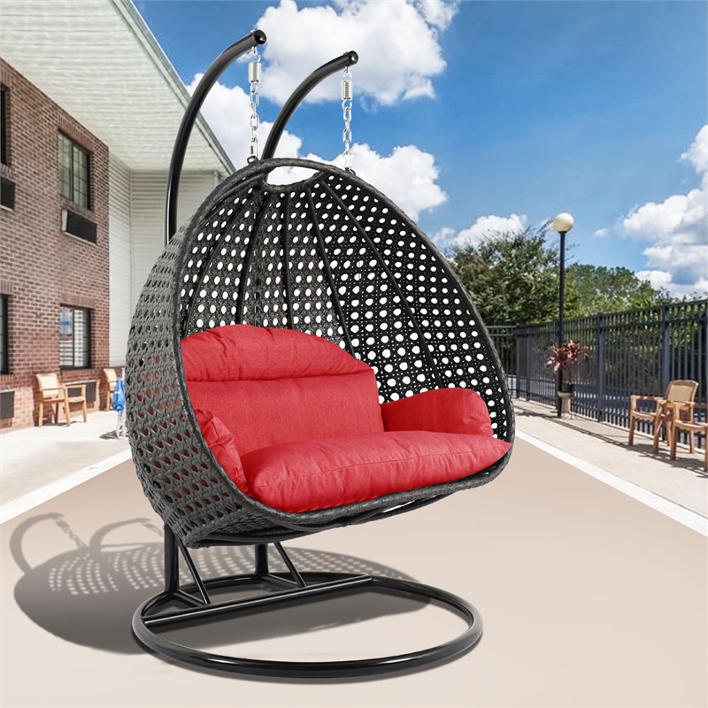 Bowery Hill Outdoor Charcoal Wicker Hanging Double Egg Swing Chair in Red