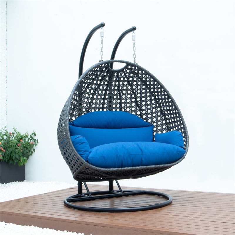 Bowery Hill Outdoor Charcoal Wicker Hanging Double Egg Swing Chair in Blue