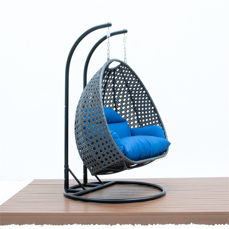 Bowery Hill Outdoor Charcoal Wicker Hanging Double Egg Swing Chair in Blue