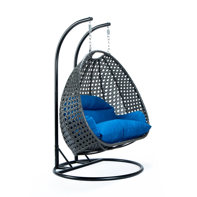 Bowery Hill Outdoor Charcoal Wicker Hanging Double Egg Swing Chair in Blue