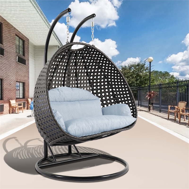 Bowery Hill Outdoor Charcoal Wicker Hanging Double Egg Swing Chair in Light Gray