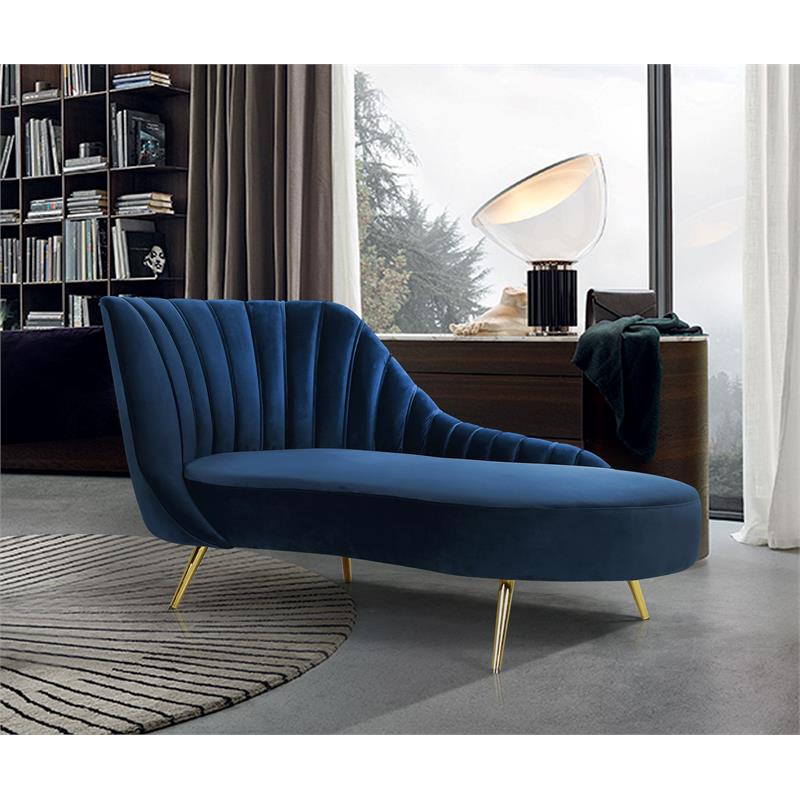 Bowery Hill Velvet Curved Back Chaise Lounge in Navy/Gold Legs
